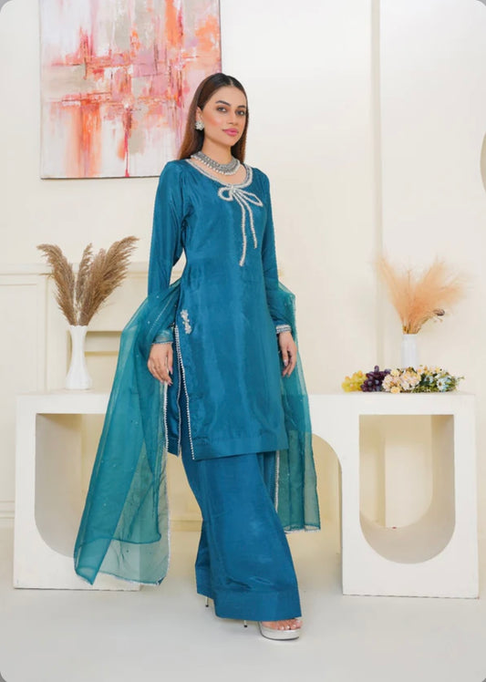 Teal pure viscose flowy farshi salwar suit with adda work