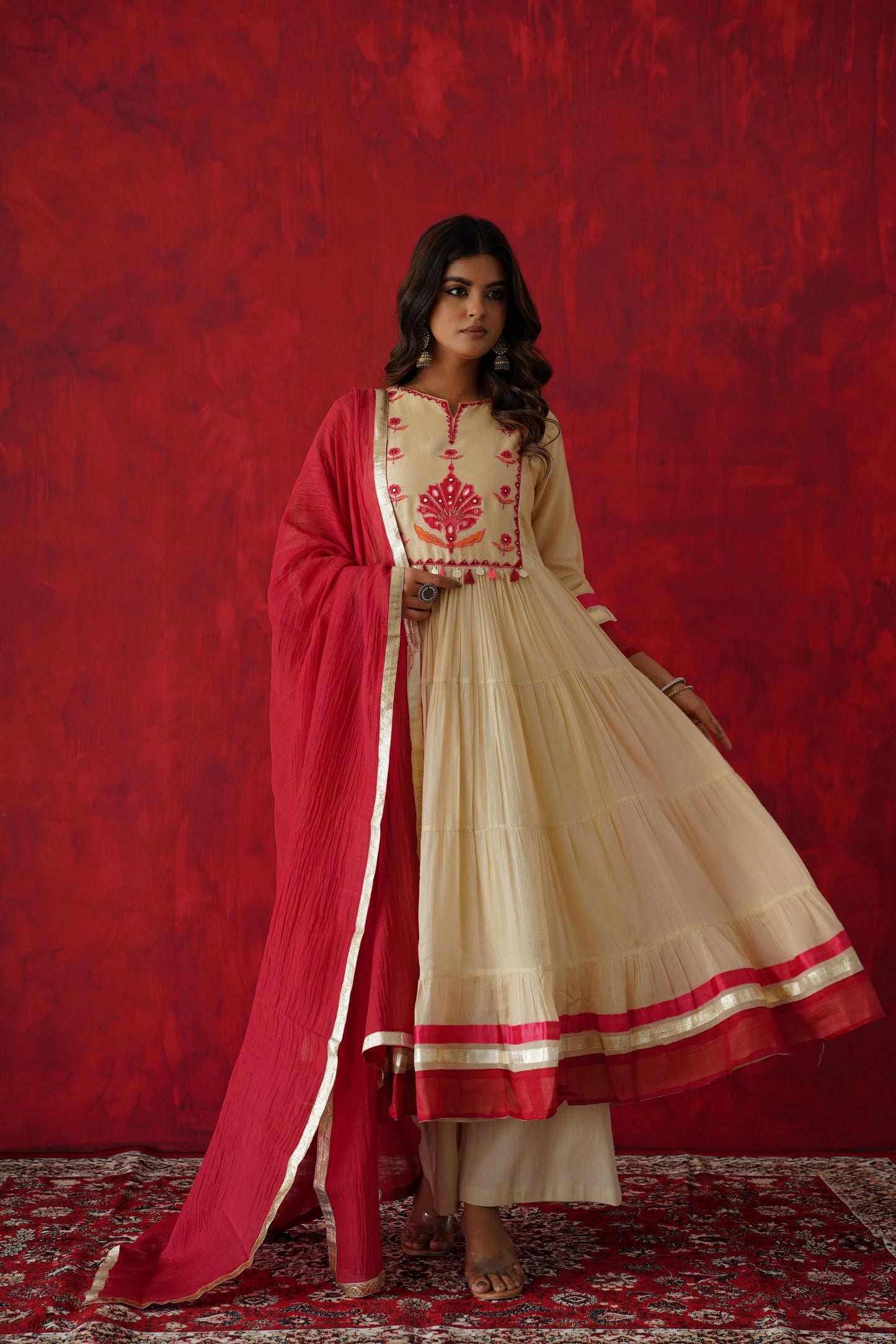 Off white and red Anarkali kurta set