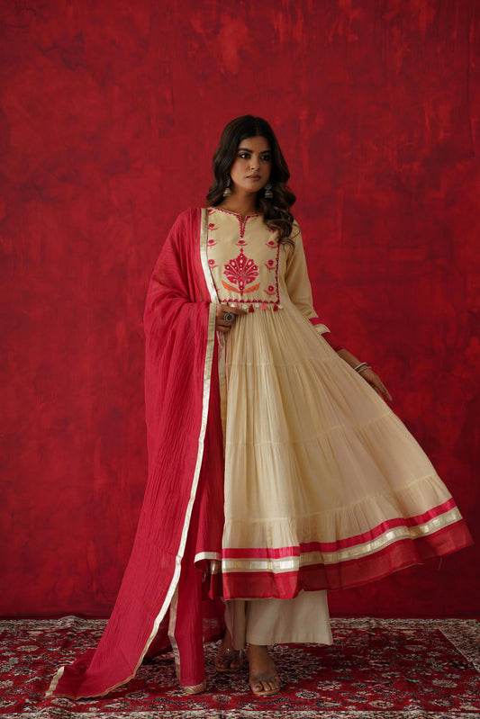 Off white and red Anarkali kurta set