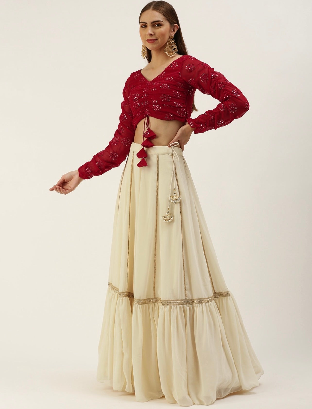 Maroon and off white lehenga choli and dupatta