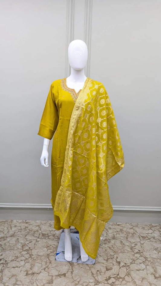 Plus size pure dola silk yellow handwork suit with banarasi dupatta
