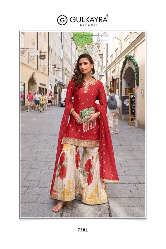 Red beautiful chinnon silk sharara suit