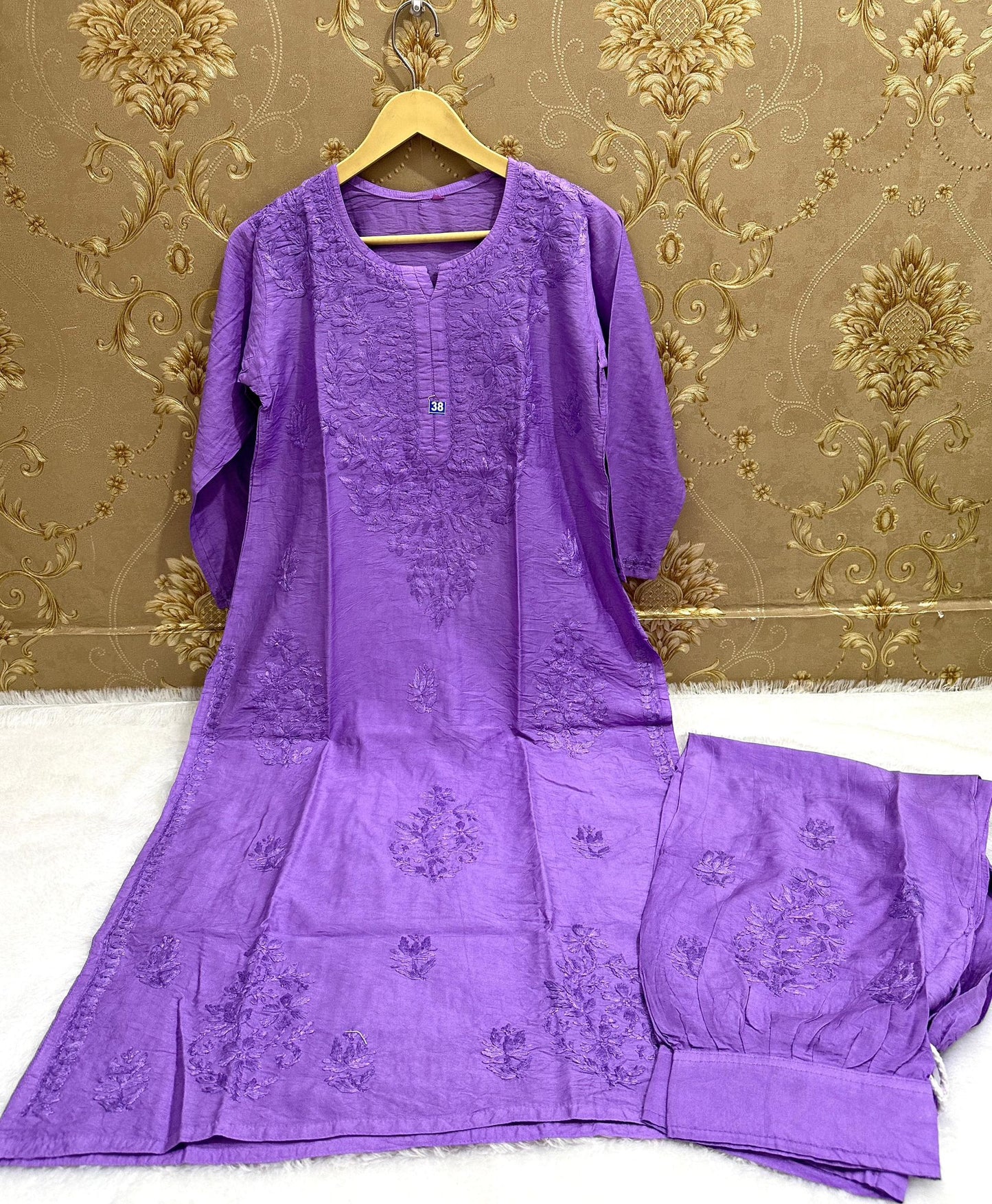 Lavender chikankari chanderi kurta and afghani pant set