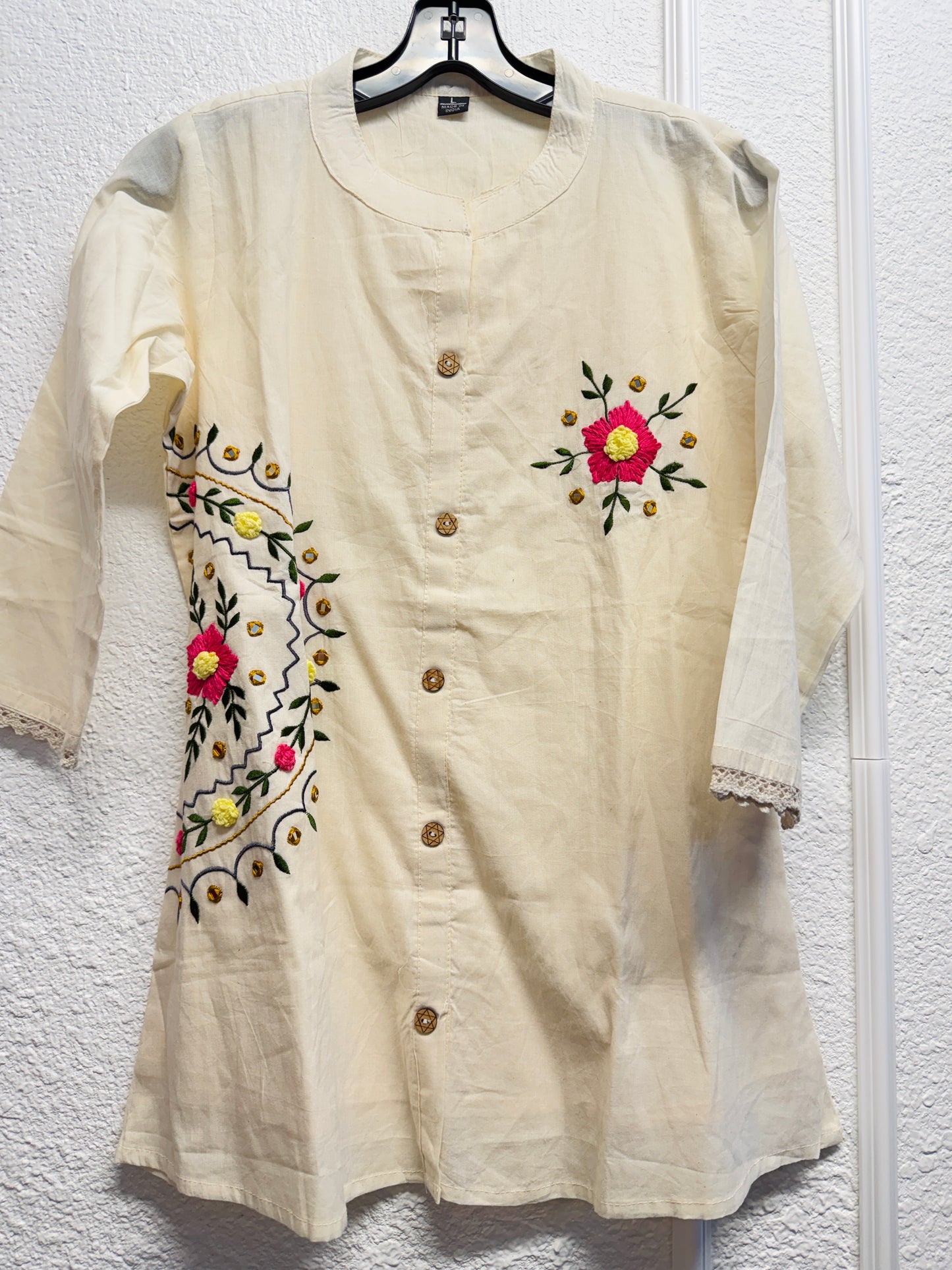 Off white cotton short kurti with embroidery and mirror work