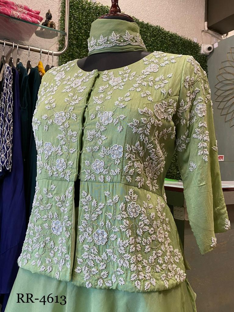 Light Green hevay handwork short top skirt and dupatta set