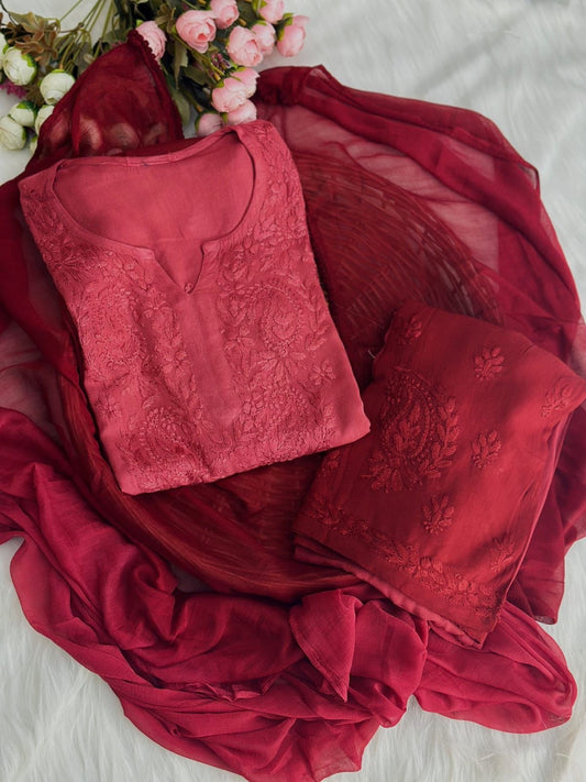 Maroon pure Rayon chikankari kurta palazzo set