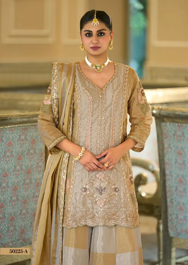 Gold stunning kanjivaram silk handwork sharara suit