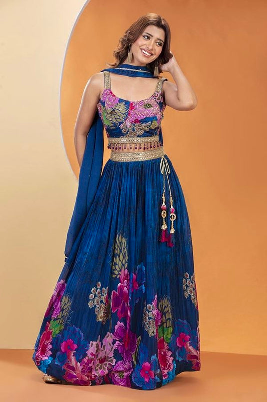 Blue beautiful handwork and mirror work partywear lehenga