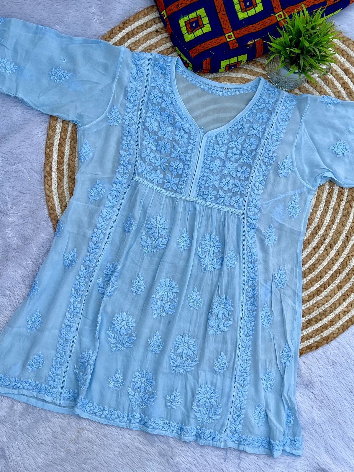 Premium viscose Chikankari 3D short anarkali kurt