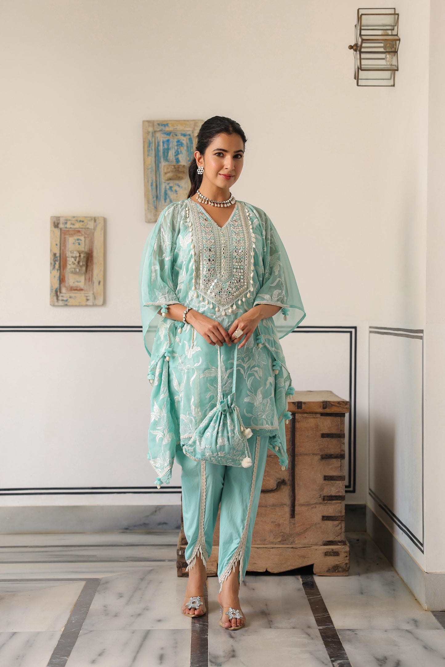 Aqua blue trendy beautiful kaftan tulip pant set