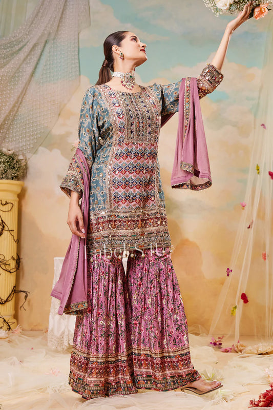 Gul bahar elegant partywear crepe sharara set