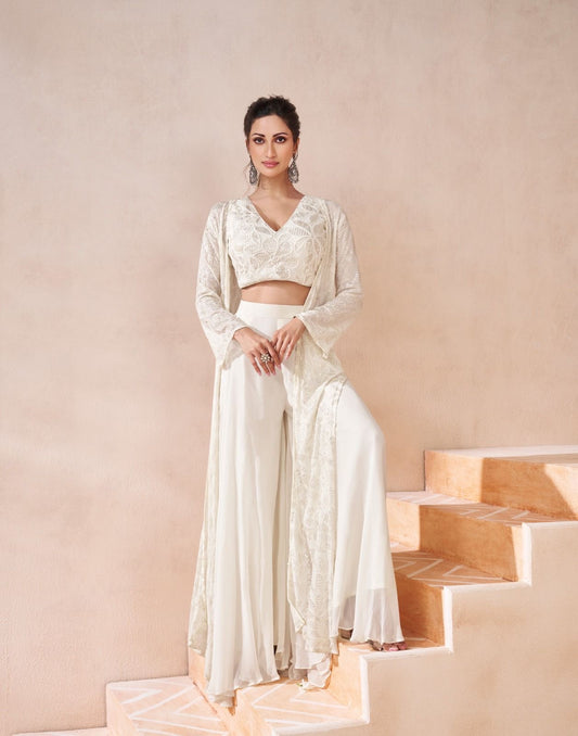 White heavy sequence work party wear cape set