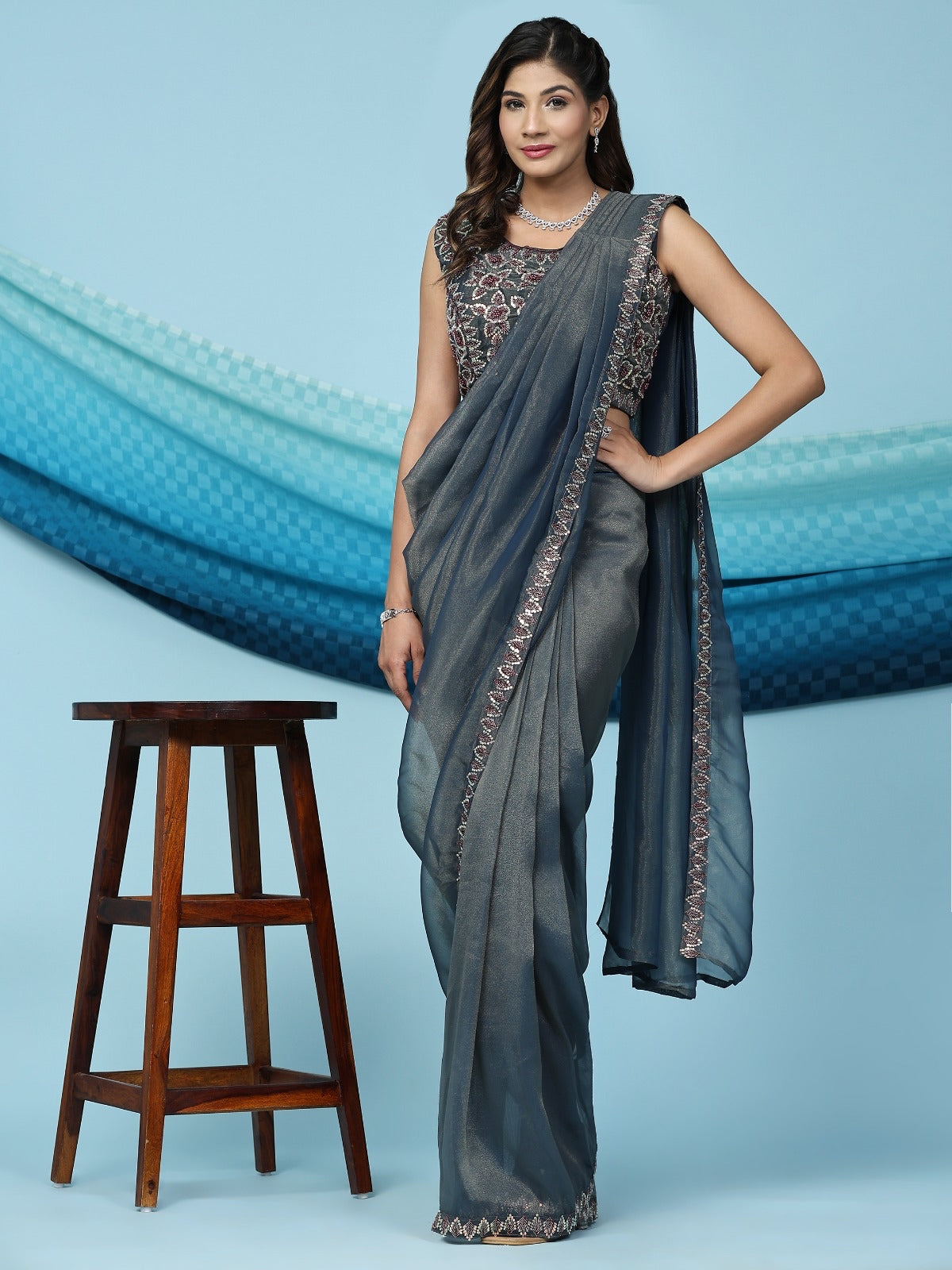 Teal heavy sequin work party wear predraped saree
