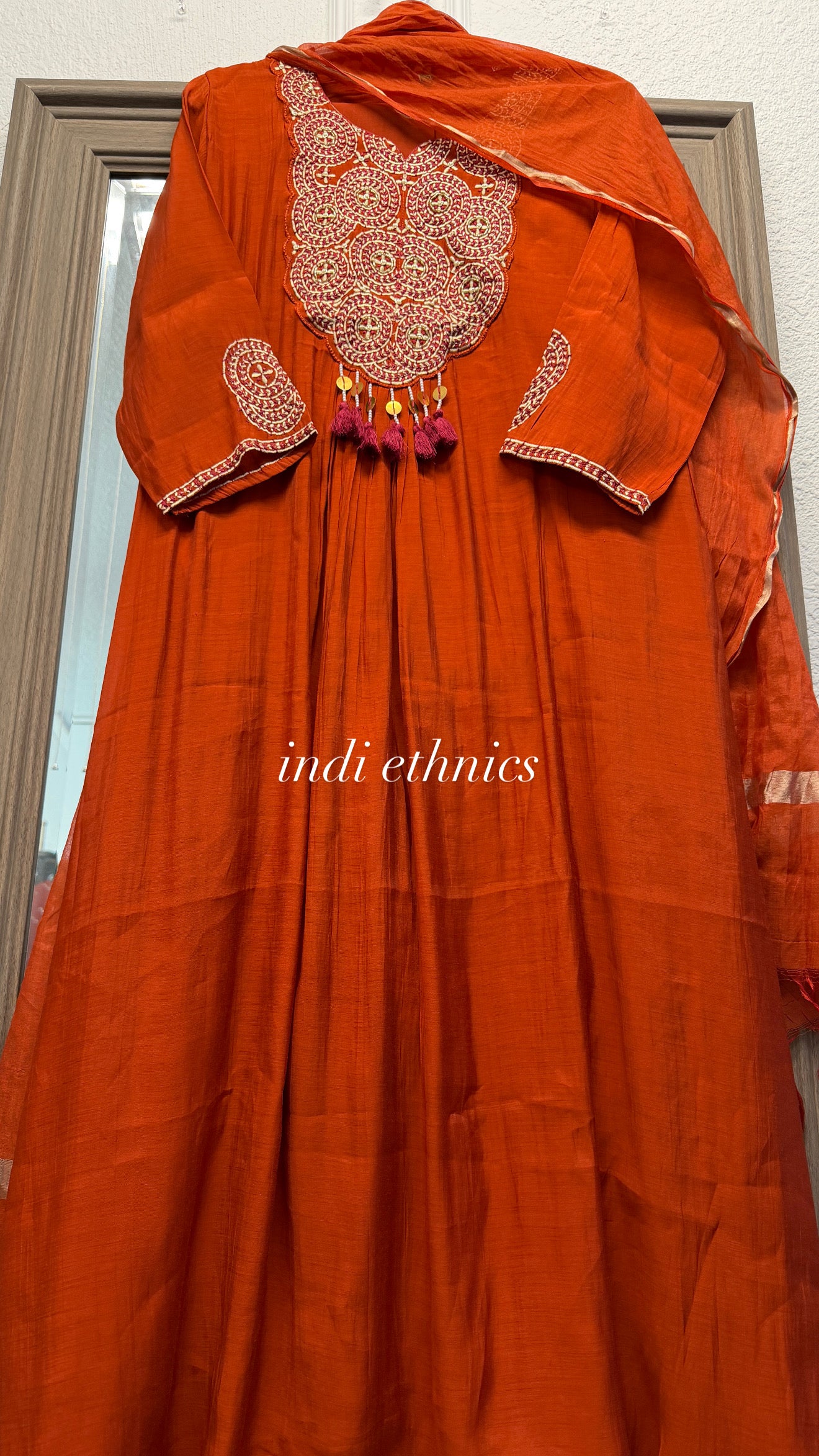 Rust mul chanderi embroidered A line suit