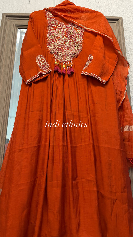 Rust mul chanderi embroidered A line suit