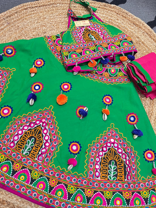 Green pure cotton embroidered & mirror work lehnega choli dupatta