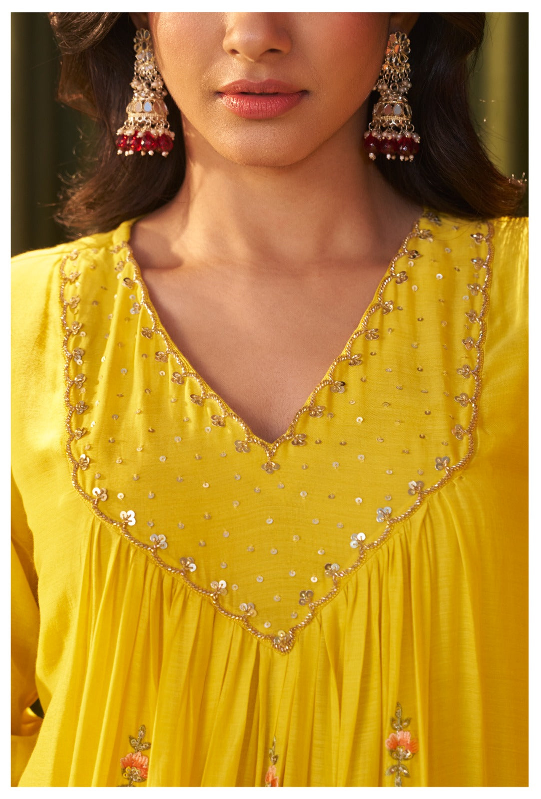 Yellow pure mul chanderi handwork yoke suit