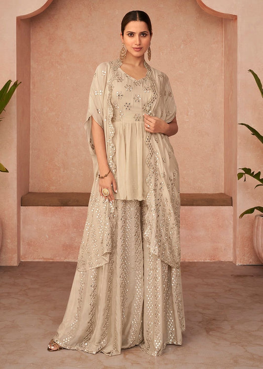 Beige all over heavy mirror work sharara set with shrug