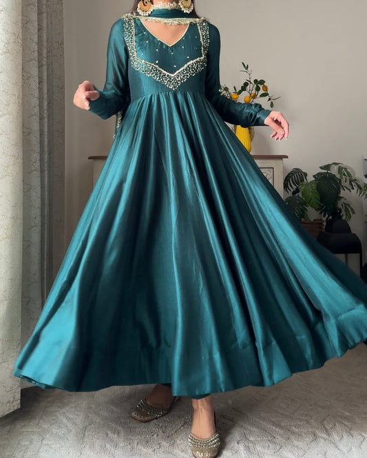 Teal wide flare anarkali kurta set