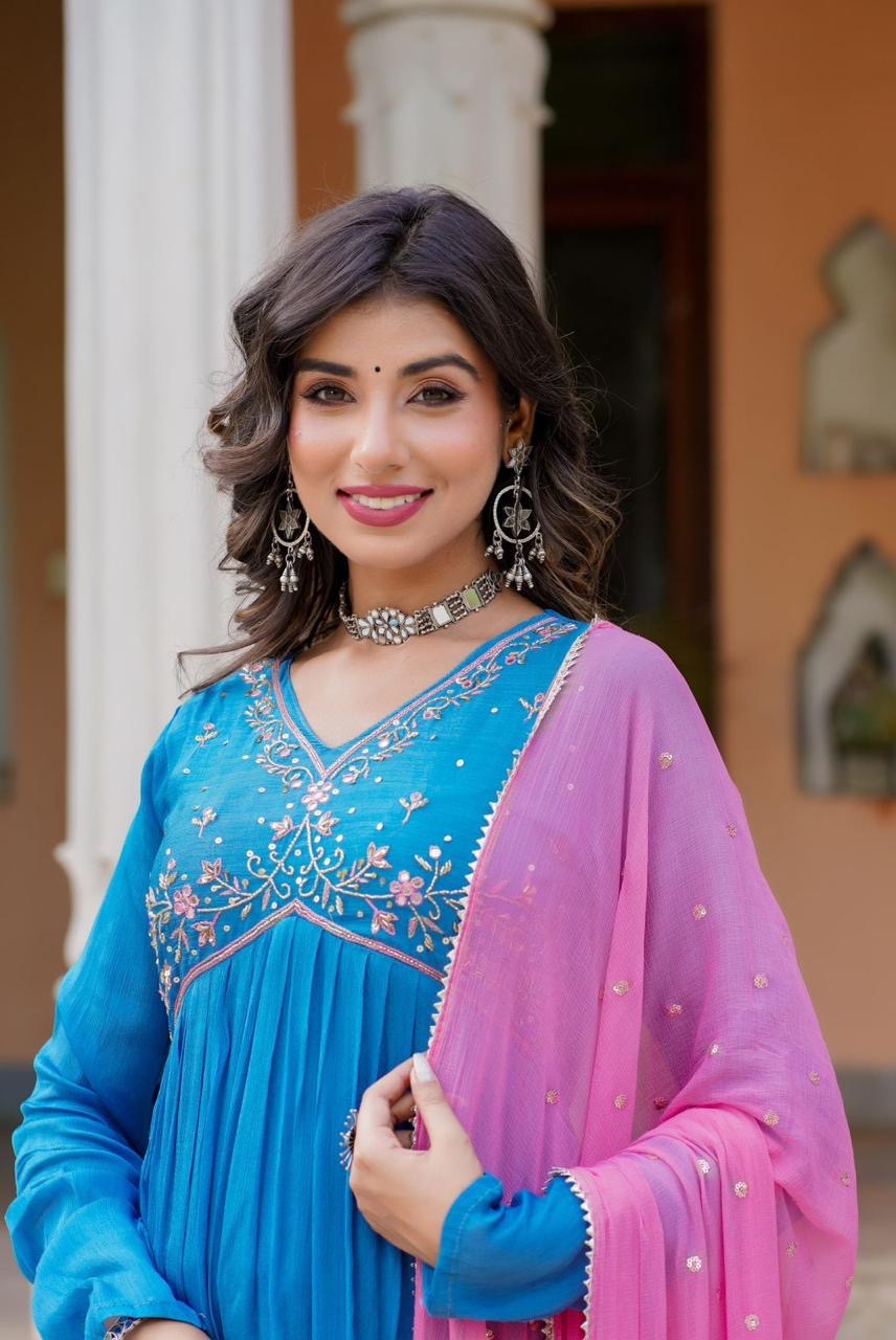 Sky Blue and pink handwork alia cut suit