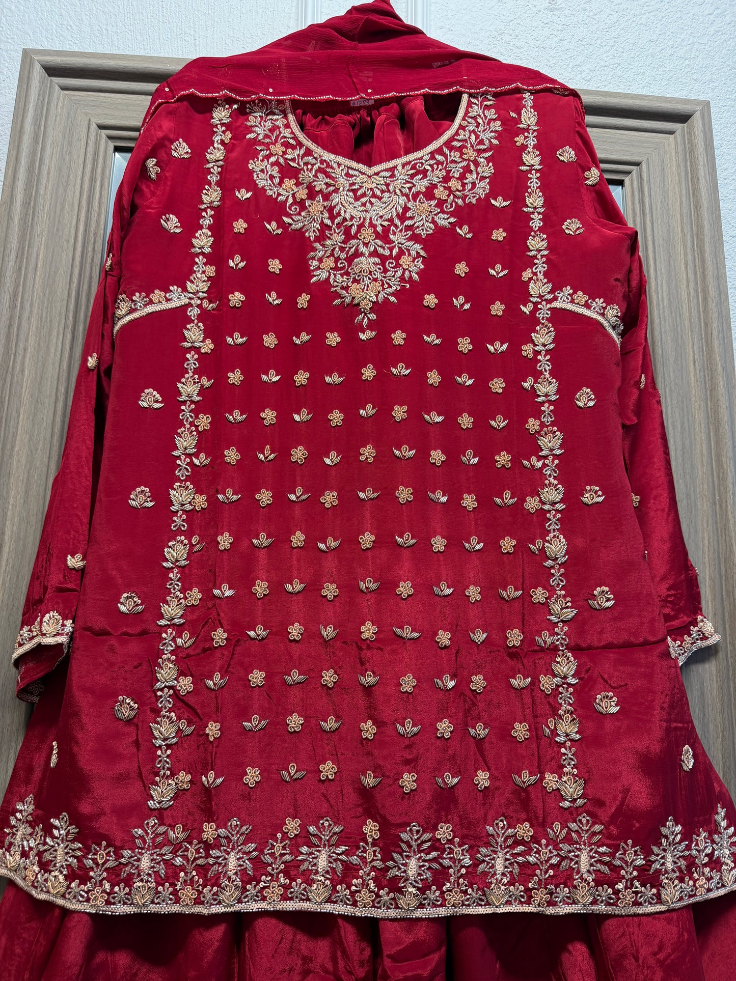 Red heavy handwork pure crepe silk sharara suit