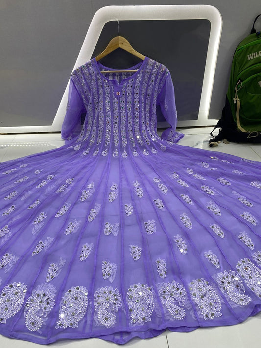 Lavender Mirror work 56 kali Anarkali Kurta with lining