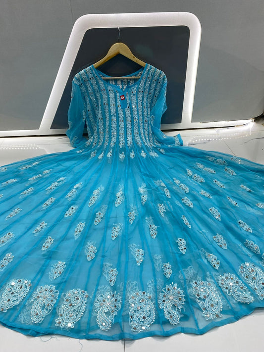 Sky Blue Mirror work 56 kali Anarkali Kurta with lining