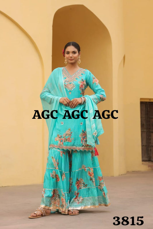 Aqua Blue floral heavy gota work premium fabric sharara suit