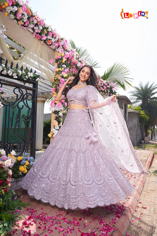 Lilac handwork and mirror work lehenga