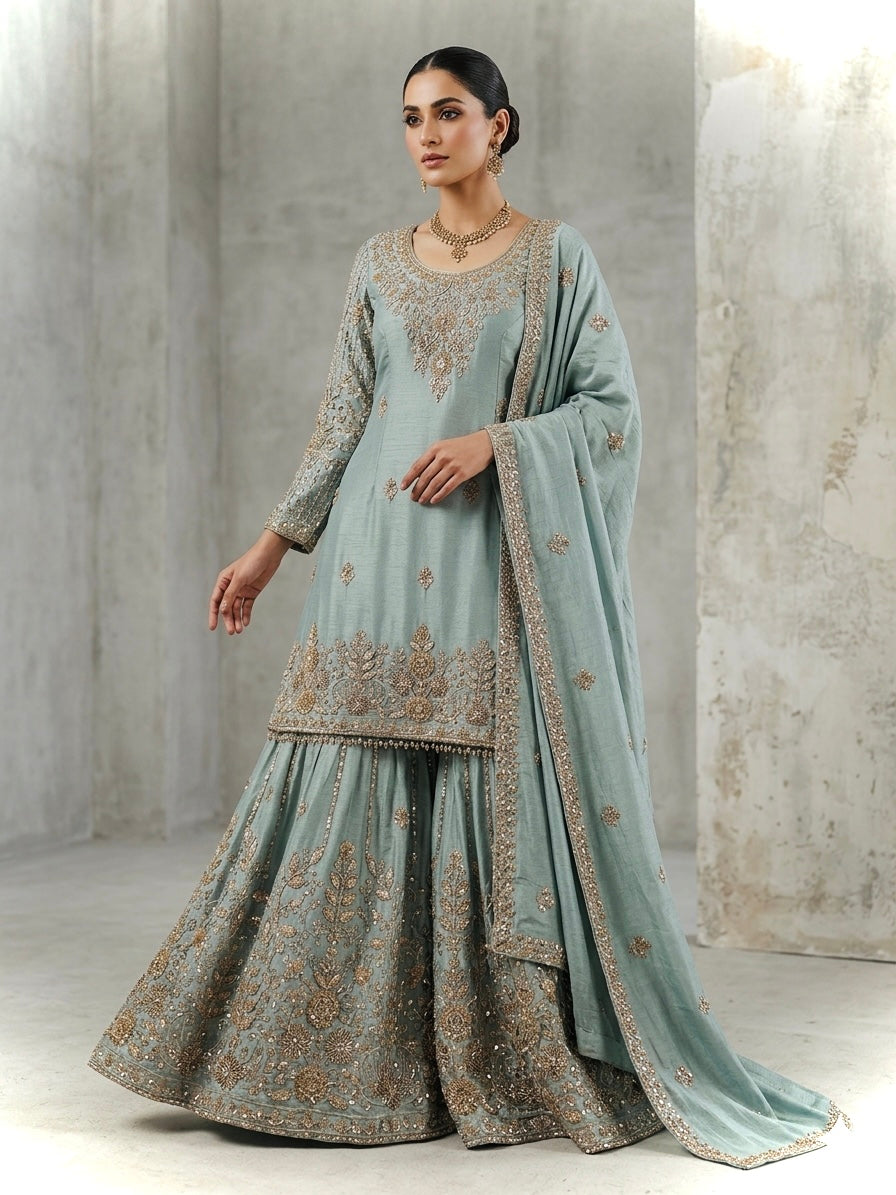 Frost blue heavy handwork sharara suit
