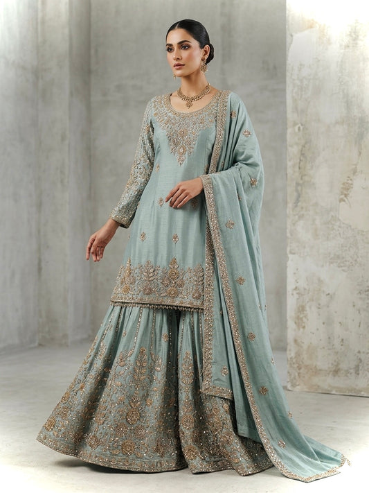 Frost blue heavy handwork sharara suit