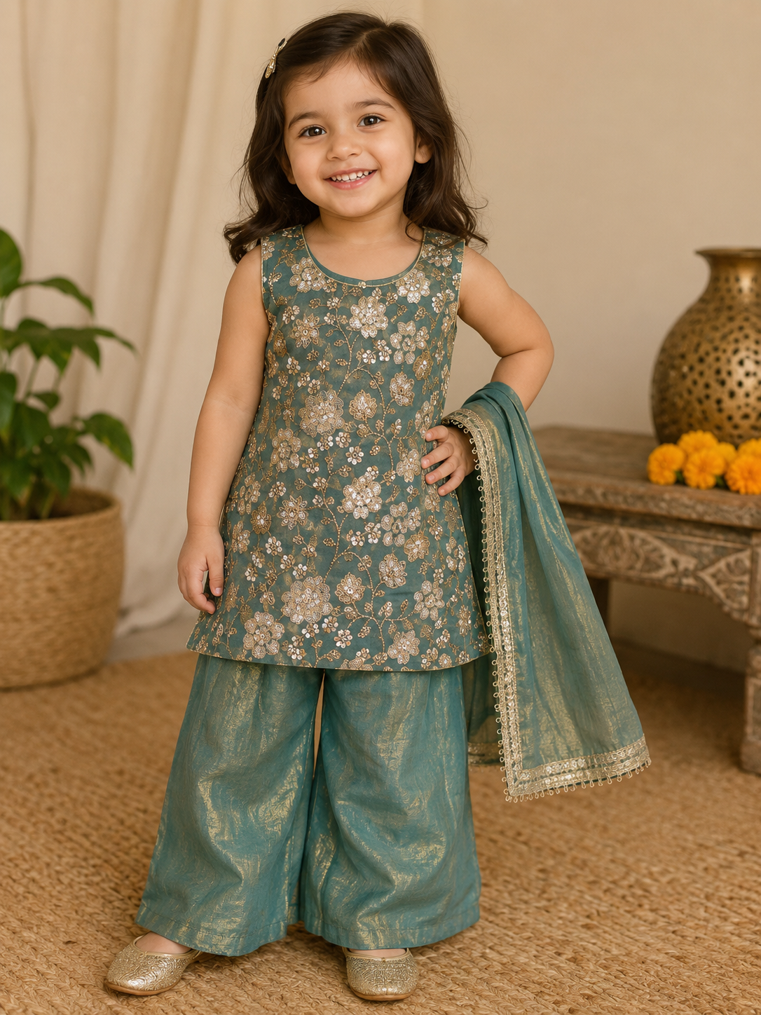 Girls Teal fendy silk palazzo suit