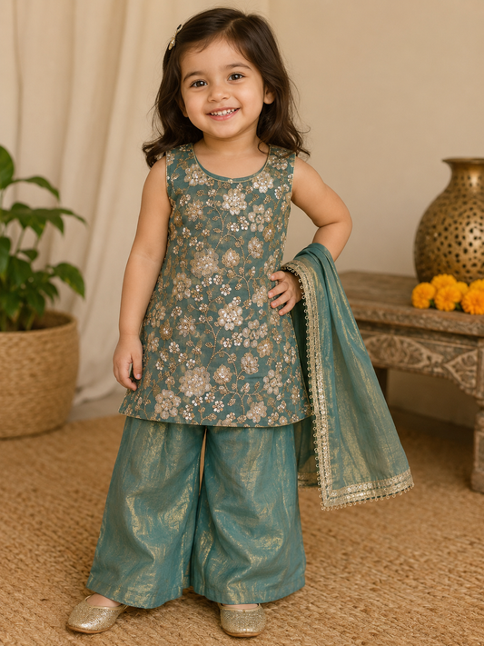 Girls Teal fendy silk palazzo suit
