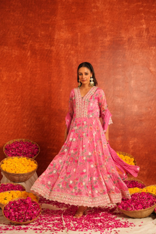 Pink elegant floral anarkali kurta set