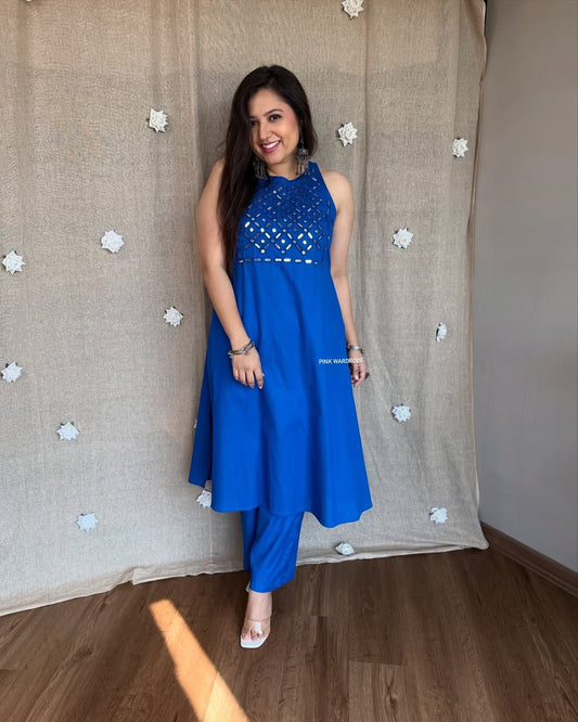 Blue foil mirror work sleeveless co-ord set