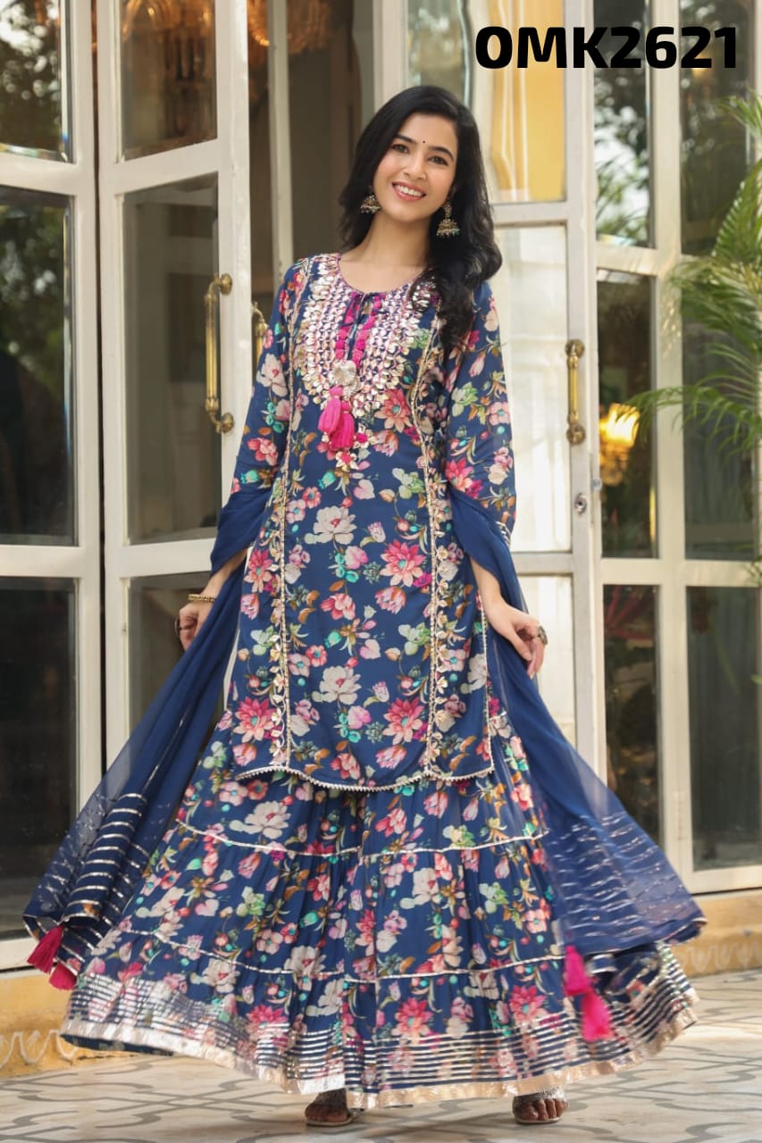 Navy blue heavy gota work floral muslin sharara set