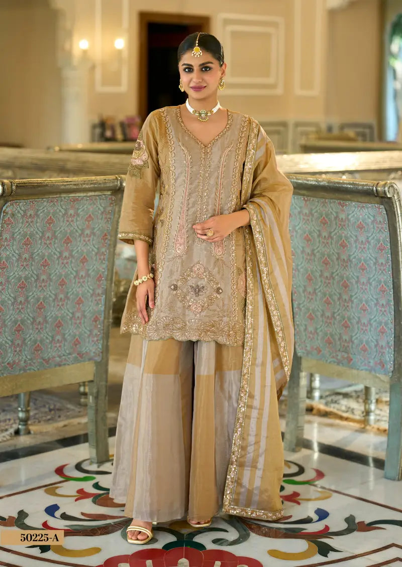 Gold stunning kanjivaram silk handwork sharara suit