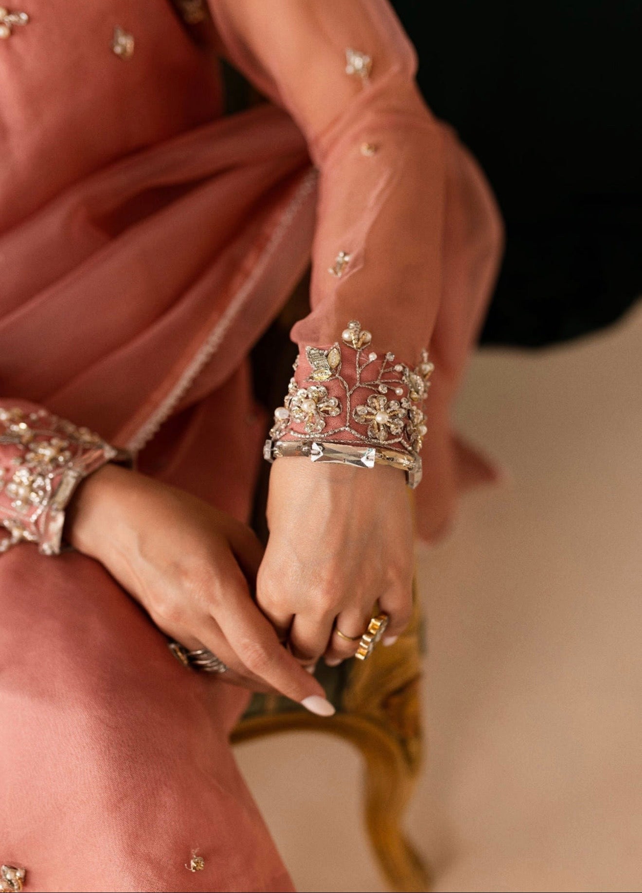 Peachish pink elegant handwork suit