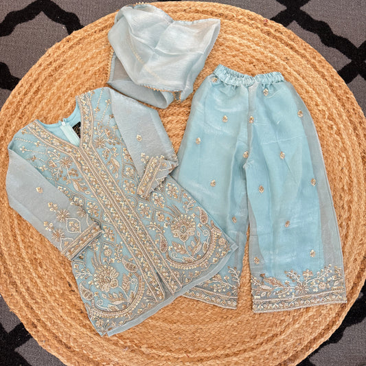Sky blue heavy handwork palazzo suit