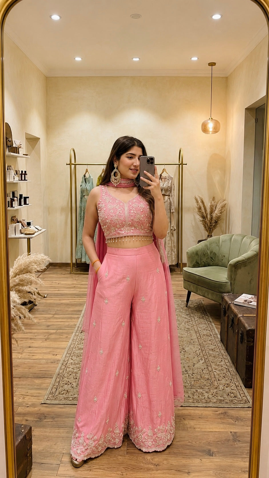 Pink heavy handwork handwork crop top palazzo neck dupatta