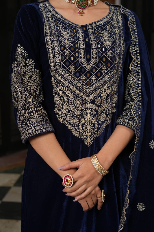 Blue heavy embroidery sequence and mirror yoke velvet kurta set