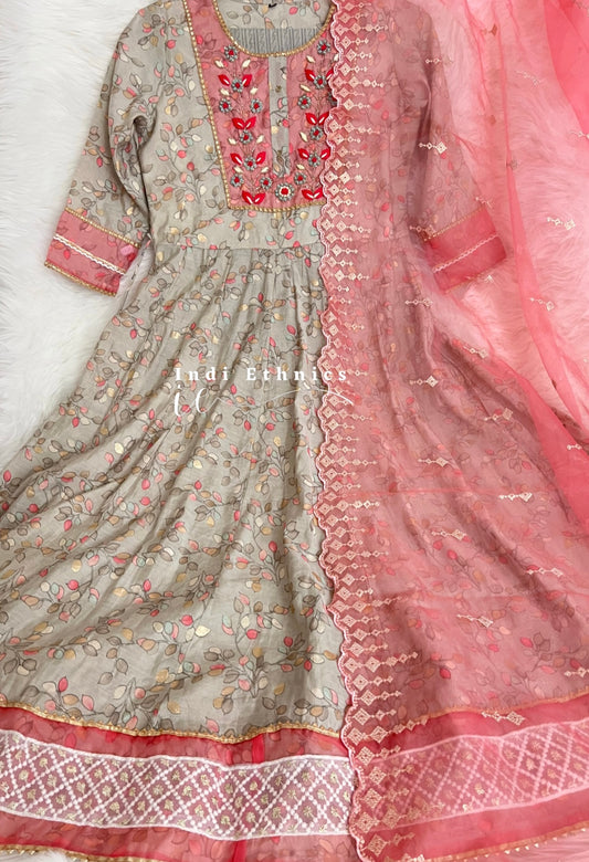 Grey and Pink Beautiful handwork Anarkali Kurta set