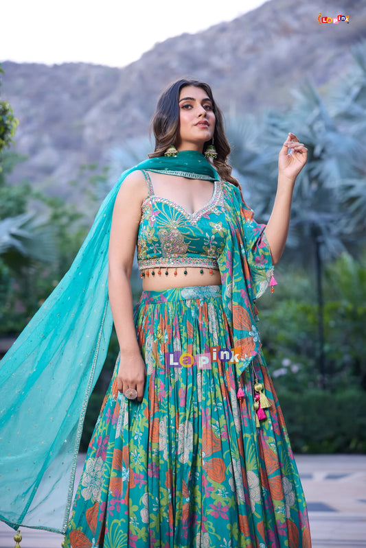 Teal stunning handwork one shoulder lehenga