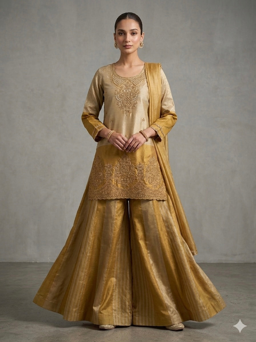 Gold handwork Tissue silk short top sharara suit