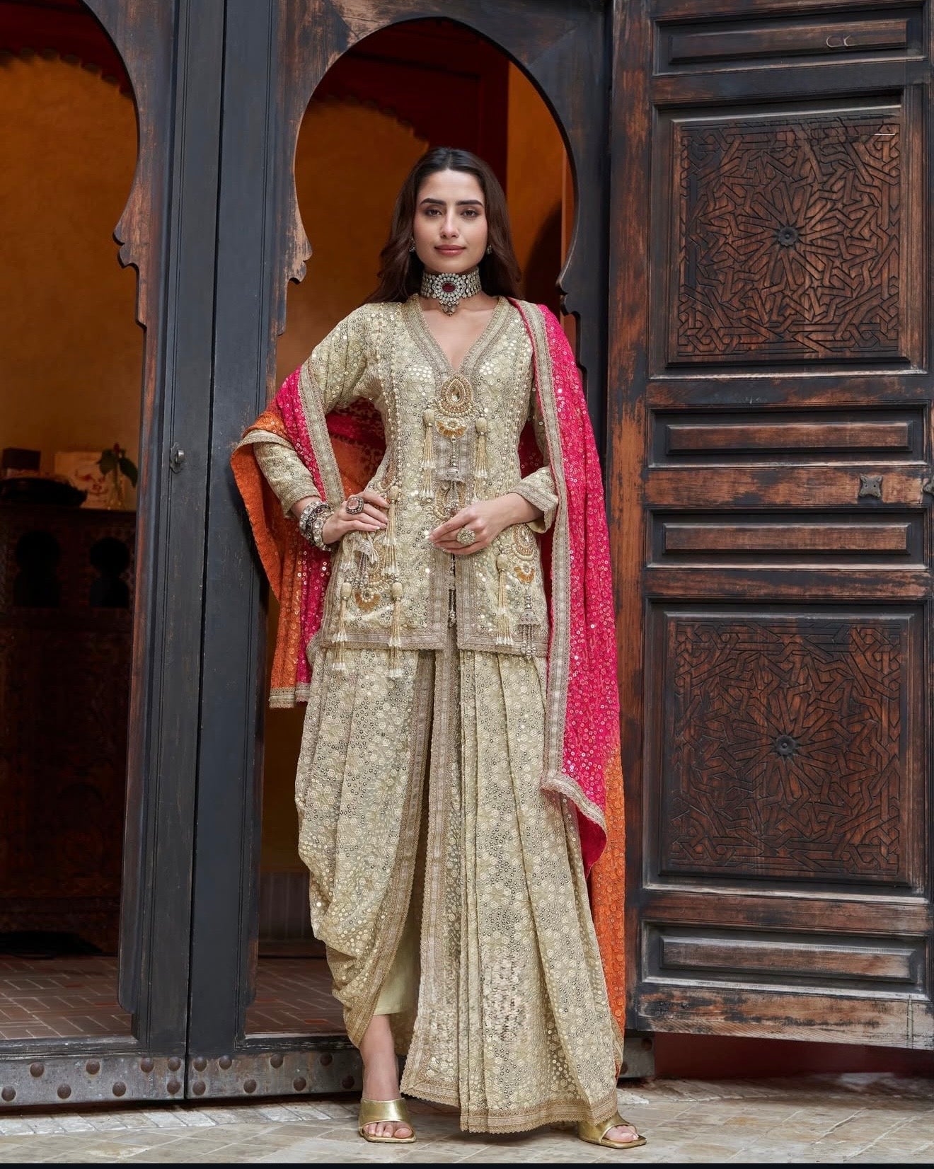 Gold heavy sequin indo western