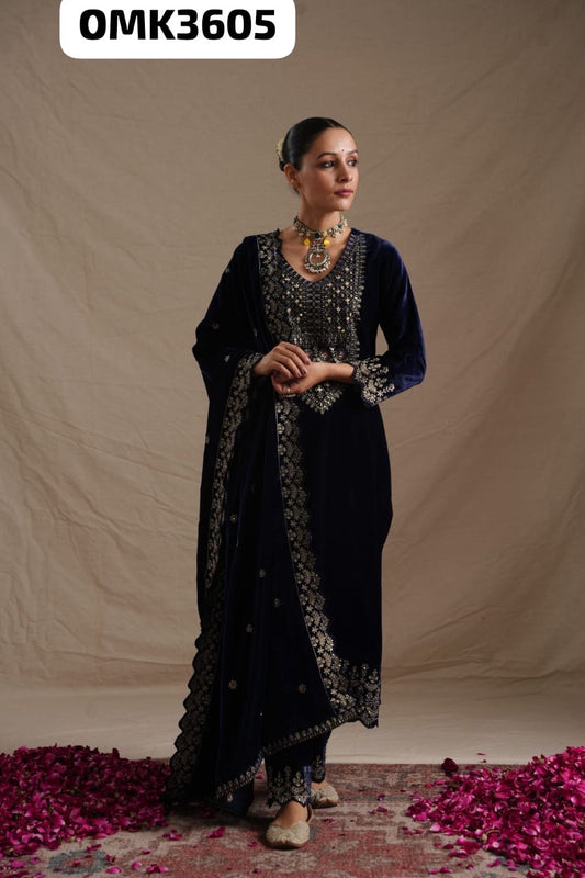 Navy blue heavy embroidered velvet suit