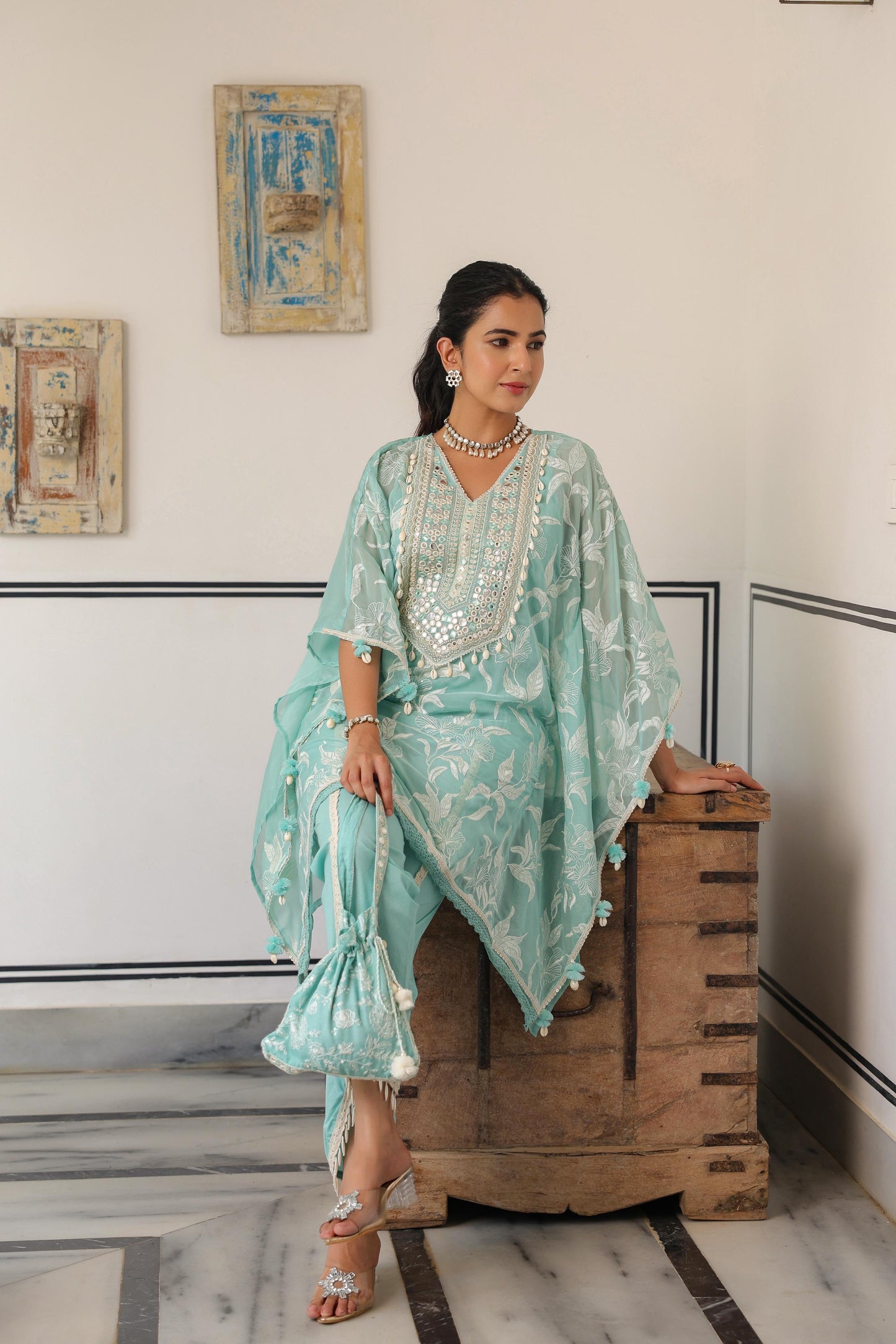 Aqua blue trendy beautiful kaftan tulip pant set