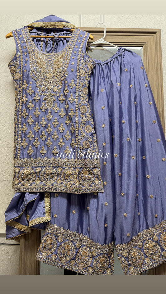 Lavender heavy handwork sharara suit (sleeve cloth given)