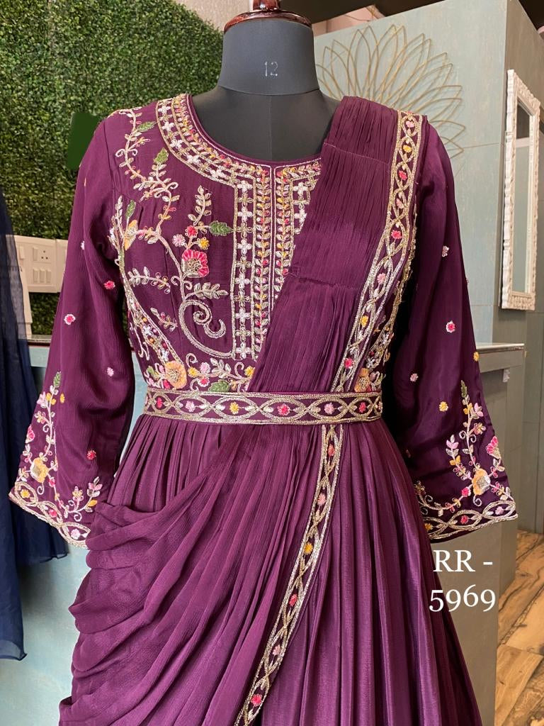 Dark purple wedding wear predraped saree
