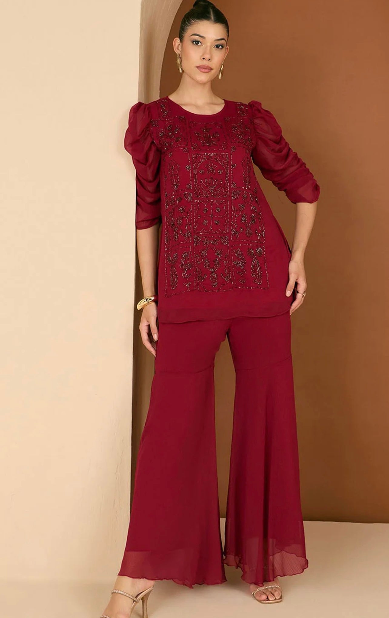 Maroon heavy handwork chiffon sharara co-ord set ( No dupatta)